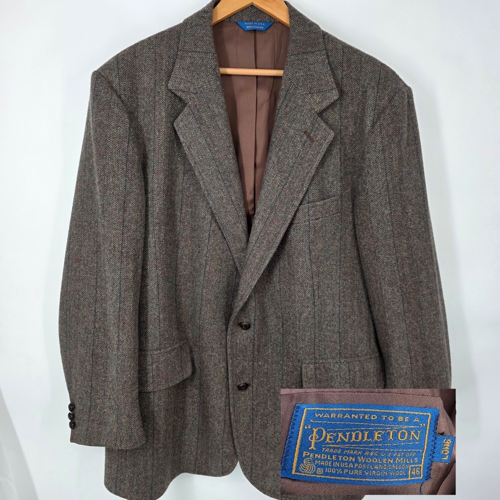 Pendelton Blazer Coat Virgin Wool Tweed Mens 46L 2-Button Single Breasted USA - Picture 1 of 6